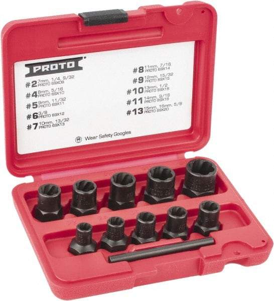Proto - 10 Piece Socket/Wrench Bolt Extractor Set - Molded Plastic Case - Industrial Tool & Supply