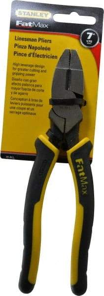 Stanley - 7-5/8" OAL, 1-1/2" Jaw Length x 1" Jaw Width, Side Cutting Linesman's Pliers - Serrated Jaw, Flat Nose Head, Bi-Material Cushion Grip Handles - Industrial Tool & Supply