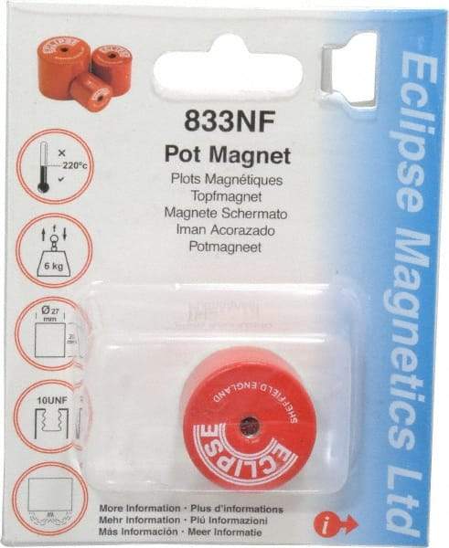 Eclipse - 1-1/16" Diam, 10-32 Thread, 9 Lb Average Pull Force, Mild Steel, Alnico Pot Magnets - 220°C Max Operating Temp, 1" High, Grade 5 Alnico - Industrial Tool & Supply