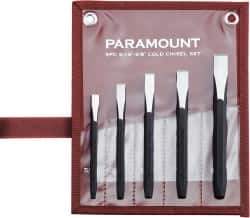 Paramount - 5 Piece Cold Chisel Set - 5-1/8, 5-3/8, 5-9/16, 6 & 6-3/4" OAL, Sizes Included 5/16 to 5/8" - Industrial Tool & Supply