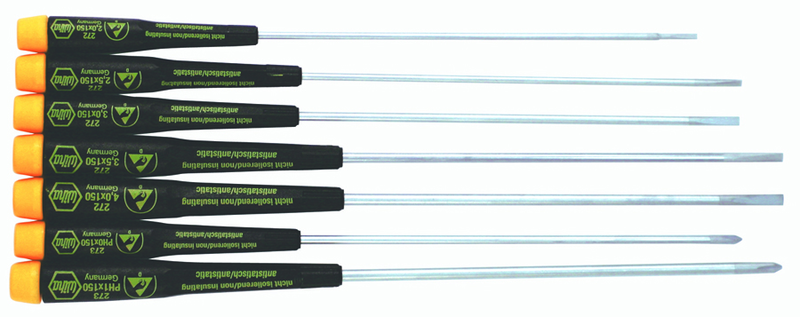 7 Piece - Precision ESD Safe Slotted & Phillips Extra Long Screwdriver Set - #27393 - Slotted 2.0 - 4.0mm; Phillips # 0; 1 x 150mm - Industrial Tool & Supply