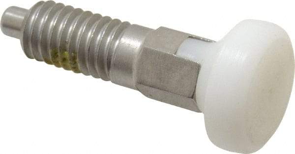 Vlier - M6x1.0, 13mm Thread Length, 0.118" Max Plunger Diam, 0.11 Lb Init to 0.34 Lb Final End Force, Locking Knob Handle Plunger - Delrin Knob, 0.63" Body Length, 1/2" Length Under Head/Shoulder, 0.118" Plunger Projection - Industrial Tool & Supply