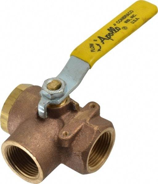 Apollo - 1" Pipe, Large Port, Bronze Standard Ball Valve - Three Way, FNPT x FNPT x FNPT Ends, Lever Handle, 400 WOG - Industrial Tool & Supply