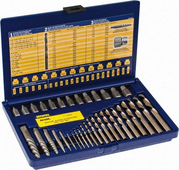 Irwin Hanson - 35 Piece Spiral Flute Screw Extractor & Drill Set - Screw Range 1/8 to 1/2" - Industrial Tool & Supply