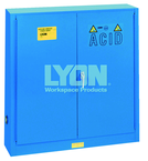 Wall-Mount Bench Acid Cabinet - #5566 - 43 x 12 x 44" - 20 Gallon - w/5 shelves, six poly trays, 2-door manual close - Blue Only - Industrial Tool & Supply