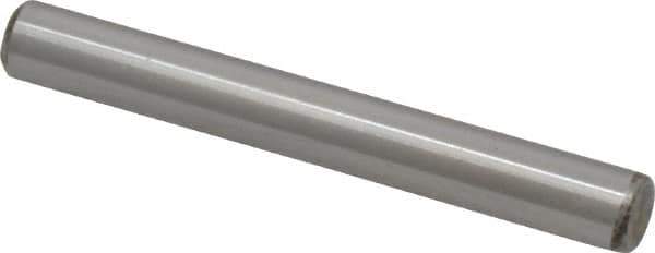 Made in USA - 1/4" Diam x 2" Pin Length Grade 8 Alloy Steel Standard Dowel Pin - Bright Finish, C 47-58 & C 60 (Surface) Hardness, 14,720 Lb (Double Shear), 7,360 Lb (Single Shear) Breaking Strength, 1 Beveled & 1 Rounded End - Industrial Tool & Supply