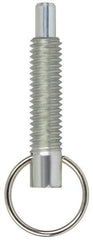 Vlier - M10x1.5, 1.2" Thread Length, 6mm Plunger Diam, 9.5mm Plunger Projection, 9 N Init to 17.8 N Final End Force, Steel Locking Pull Ring Plunger - 35.5mm Len Under Head, 43mm Body Len, 25mm Ring Diam, 1.7" Plunger Len, 1/2" Head Height - Industrial Tool & Supply