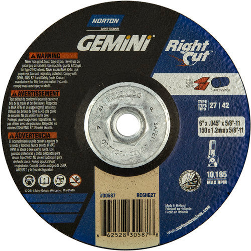 6 x .045 × 5/8 - 11″ Gemini RightCut Cutting Wheel A 24 Q Type 27/42 - Industrial Tool & Supply