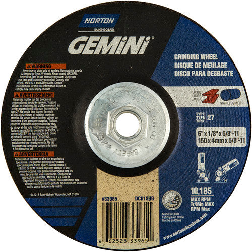 6 × 1/8 × 5/8 - 11″ Gemini Long Life Grinding Wheel A 24 T Type 27 - Industrial Tool & Supply