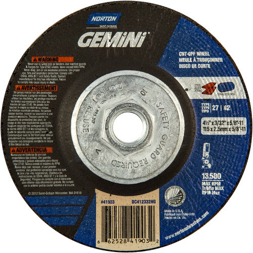 4-1/2 × 3/32 × 5/8 - 11″ Gemini Cutting Wheel A 30 Q BDA Type 27/42 - Industrial Tool & Supply