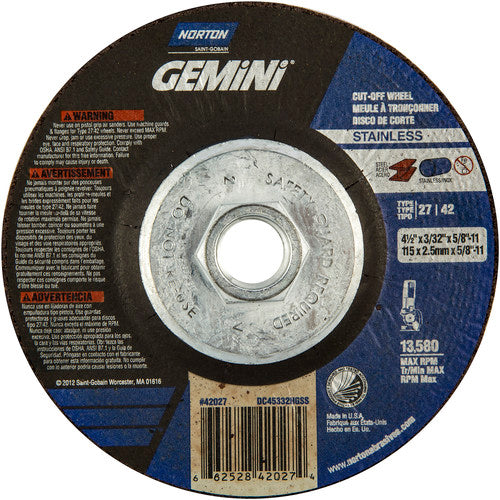 4-1/2 × 3/32 × 5/8 - 11″ Gemini INOX/SS Cutting Wheel A 30 Q BDA Type 27/42 - Industrial Tool & Supply