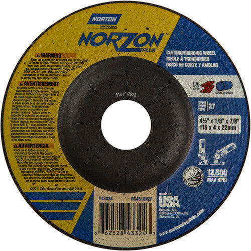 4-1/2″ × 1/8″ × 7/8″ NorZon Plus Non-Woven Depressed Center Wheel Type 27 - Industrial Tool & Supply