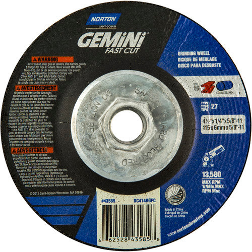 4-1/2 × 1/4 × 5/8 - 11″ Gemini Fast Cut Grinding Wheel A 24 N BDA Type 27 - Industrial Tool & Supply