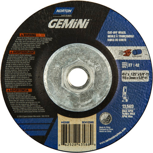 4-1/2 x .125 × 5/8 - 11″ Gemini Cutting Wheel A 24 T BDA3 Type 27/42 - Industrial Tool & Supply