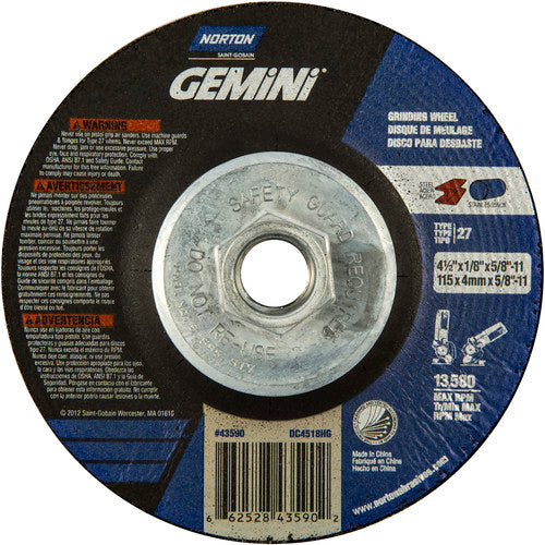 4-1/2 × 1/8 × 5/8 - 11″ Gemini Long Life Grinding Wheel A 24 Q BDA Type 27 - Industrial Tool & Supply