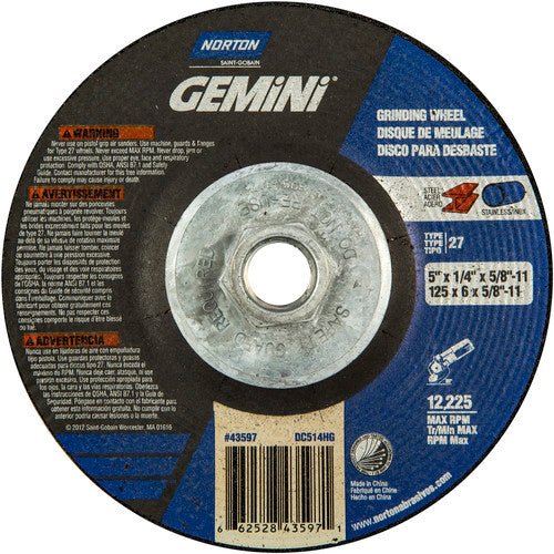 5 × 1/4 × 5/8 - 11″ Gemini Grinding Wheel A 24 S BDA Type 27 - Industrial Tool & Supply