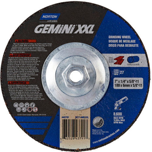 7″ × 1/4″ × 5/8″-11 Gemini Depressed Center Wheel Type 27 Aluminum Oxide - Industrial Tool & Supply