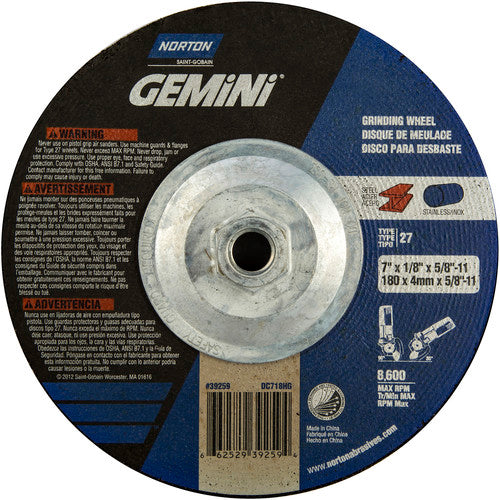 7 × 1/8 × 5/8 - 11″ Gemini Long Life Grinding Wheel A 24 R Type 27 - Industrial Tool & Supply