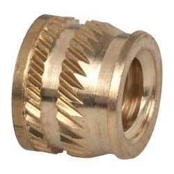 E-Z LOK - 1/4-20, 0.349" Small to 0.363" Large End Hole Diam, Brass Single Vane Tapered Hole Threaded Insert - 3/8" Insert, 0.354" Pilot Diam, 0.3" OAL, 0.194" Min Wall Thickness - Industrial Tool & Supply