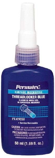 Permatex - 50 mL Bottle, Blue, Medium Strength Liquid Threadlocker - Series 243, 24 hr Full Cure Time, Hand Tool Removal - Industrial Tool & Supply