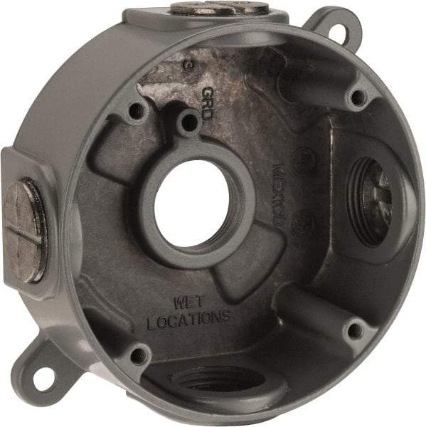 Thomas & Betts - 1 Gang, (5) 3/4" Knockouts, Aluminum Round Outlet Box - 2-7/16" Overall Height x 4-1/8" Overall Width x 1-5/8" Overall Depth, Weather Resistant - Industrial Tool & Supply