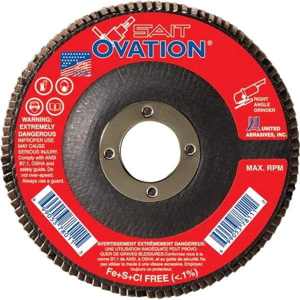 Sait - 60 Grit, 4-1/2" Disc Diam, 7/8" Center Hole, Type 27 Zirconia Alumina Flap Disc - 13,300 Max RPM, Fiberglass Backing, Arbor Attaching System, Coated - Industrial Tool & Supply