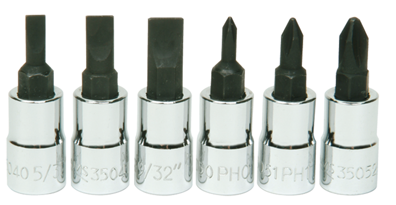 6 Piece - #9309068 - #0; #1; #2 Phillips; 5/32; 7/32; 9/32" Slotted - 1/4" Drive - Socket Drive Hex Bit Set - Industrial Tool & Supply