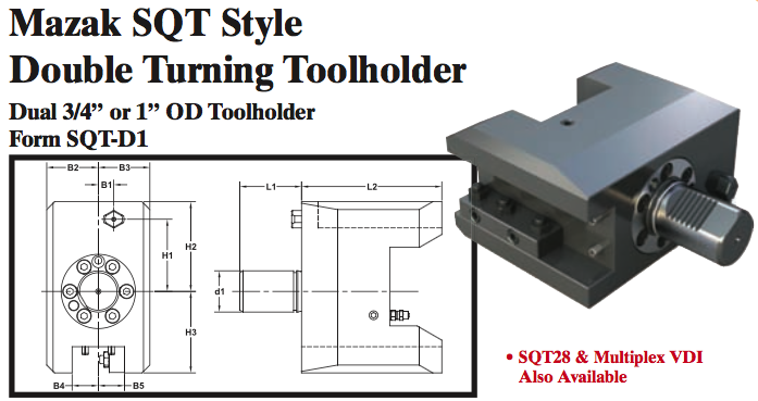 Mazak SQT Style Double Turning Toolholder (Dual 3/4Ó or 1Ó OD Toolholder Form SQT-D1) - Part #: SQT41.1020 - Industrial Tool & Supply