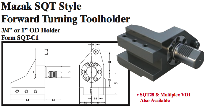 Mazak SQT Stye Forward Turning Toolholder (3/4Ó or 1Ó OD Holder Form SQT-C1) - Part #: SQT31.2825 - Industrial Tool & Supply