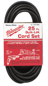 #48-76-4025 - Fits: Most Milwaukee 3-Wire Quik-Lok Cord Sets @ 25' - Replacement Cord - Industrial Tool & Supply