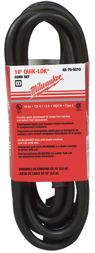 #48-76-5010 - Fits: Most Milwaukee 2-Wire Quik-Lok Cord Sets @ 10' - Replacement Cord - Industrial Tool & Supply