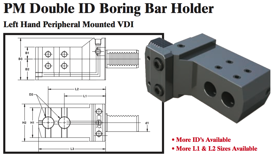 PM Double ID Boring Bar Holder (Left Hand Peripheral Mounted VDI) - Part #: PM91.3020L - Industrial Tool & Supply