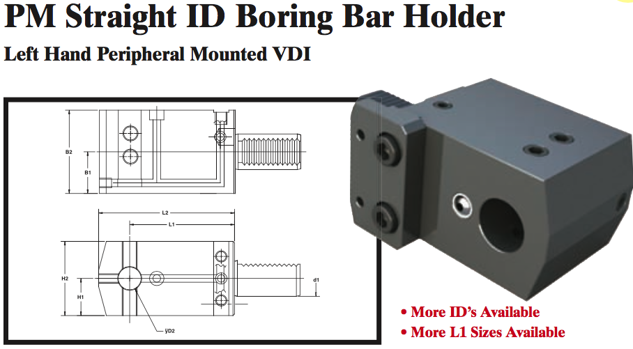 PM Straight ID Boring Bar Holder (Left Hand Peripheral Mounted VDI) - Part #: PM52.4025LL - Industrial Tool & Supply