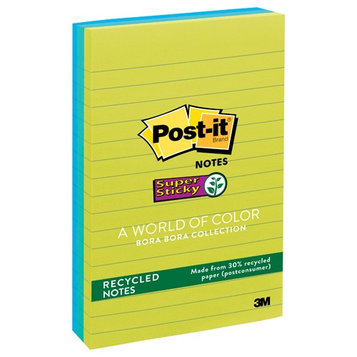 Post-it Super Sticky Recycled Notes 660-3SST 4″ × 6″ (101 mm × 152 mm) Bora Bora Collection Lined - Exact Industrial Supply