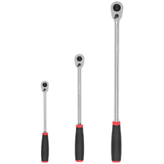 Ratchet Sets; Drive Size: 1/4 in, 1/2 in, 3/8 in; Overall Length (Inch): 12, 18, 9; Head Shape: Pear; Head Features: Compact; Head Style: Reversible, Fixed; Material: Steel; Handle Type: Comfort Grip; Finish: Full-Polished