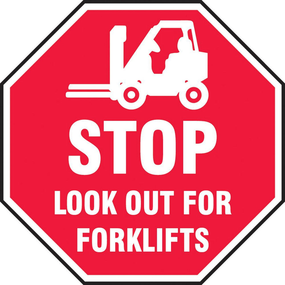 Adhesive Backed Floor Signs; Message Type: Traffic Control; Message/Graphic: Message & Graphic; Message or Graphic: Message & Graphic; Legend: STOP LOOK OUT FOR FORKLIFTS; Material: Vinyl; Legend Color: White; Color: Red, White; Shape: Octagon