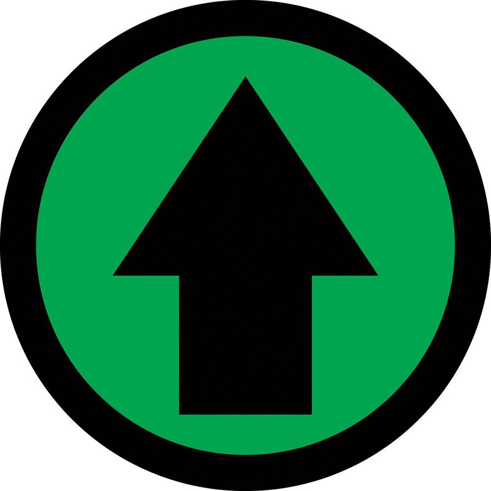 Adhesive Backed Floor Signs; Message Type: Traffic Control; Message/Graphic: Graphic Only; Message or Graphic: Graphic Only; Legend: Arrow Graphic; Material: Vinyl; Legend Color: Black; Color: Black, Green; Shape: Circle