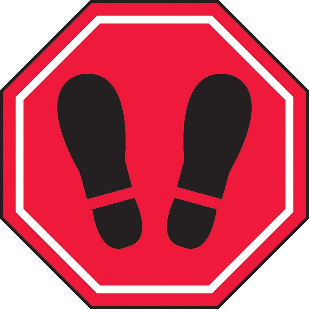 Adhesive Backed Floor Signs; Message Type: Traffic Control; Message/Graphic: Graphic Only; Message or Graphic: Graphic Only; Legend: Footprint  Graphic; Material: Vinyl; Legend Color: Black; Color: Red, White, Black; Shape: Octagon