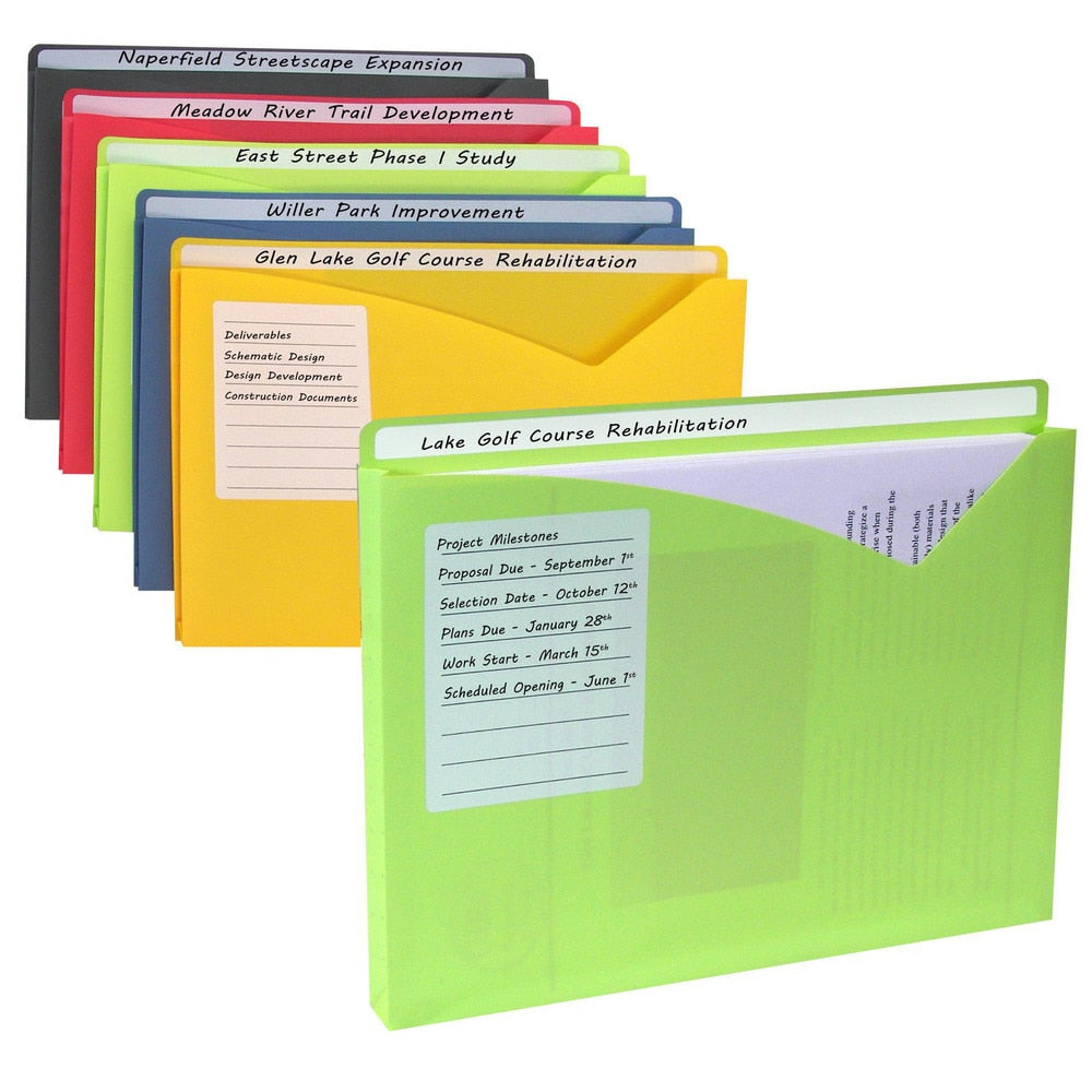 File Folders, Expansion Folders & Hanging Files; Folder Type: Poly; File Jackets; Write-On; Dry Erase; Color: Lime, Amber Orange, Steel Blue, Raspberry Red, Charcoal; Index Tabs: Yes