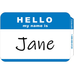 ID Badges; Type: Pressure Sensitive Adhesive Label; Legend: Hello my name is; Color: Blue; Material: Paper