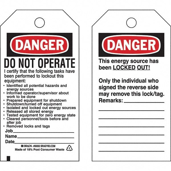 Do Not Operate Tag: 5-3/4" High, 3" Wide, Paper, "DANGER"