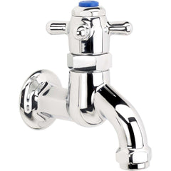 Lavatory Faucets; Type: Wall Mount; Spout Type: Straight; Design: Self-Closing Valve; Handle Type: Color Coded; Cross; Mounting Centers: Single Hole; Drain Type: Manual; Finish/Coating: Chrome Plated Brass; Thread Type: NPT Female; Special Item Informatio