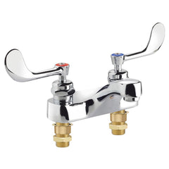 Lavatory Faucets; Type: Deck Mount; Spout Type: Cast Basin Spout; Design: Vandal Resistant Wrist Blades; Handle Type: Color Coded; Wrist Blade; Mounting Centers: 4; Drain Type: Manual; Finish/Coating: Chrome Plated Brass; Thread Type: NPT Male; Special It