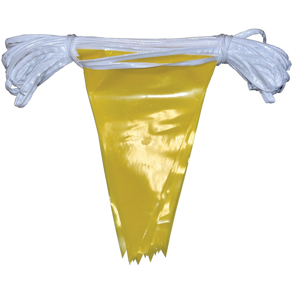 Pennants; Color: Safety Yellow; Overall Length (Feet): 100.00; Pennant Length (Inch): 12; Pennant Width (Inch): 12; Number of Pennants: 17; Material: Plastic; Tensile Strength (Lb./Inch): 500.00