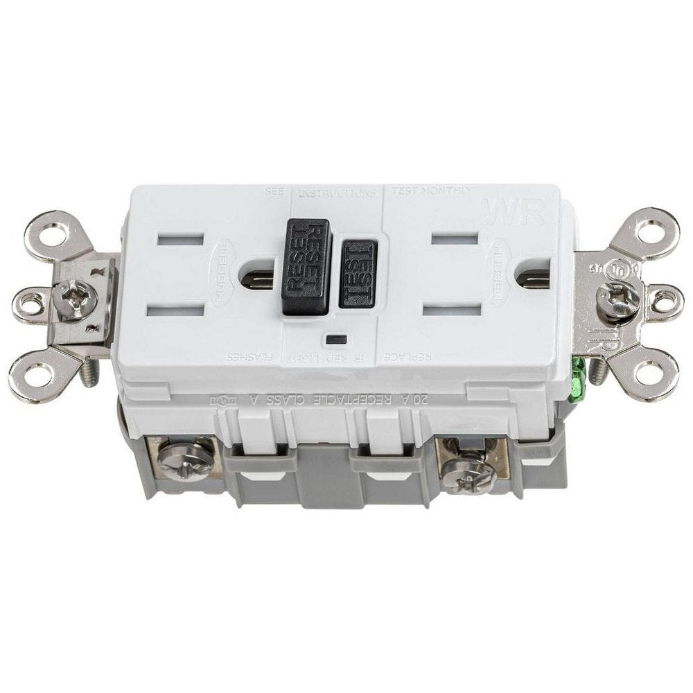 GFCI Receptacles; Grade: Industrial; Color: White; NEMA Configuration: 5-15R; Amperage: 15; Reset Type: Manual; Voltage: 125 VAC; Wiring Method: Side; Back; Flange Style: No Flange; Resistance Features: Weather Resistant; Tamper Resistant; Number of Phase