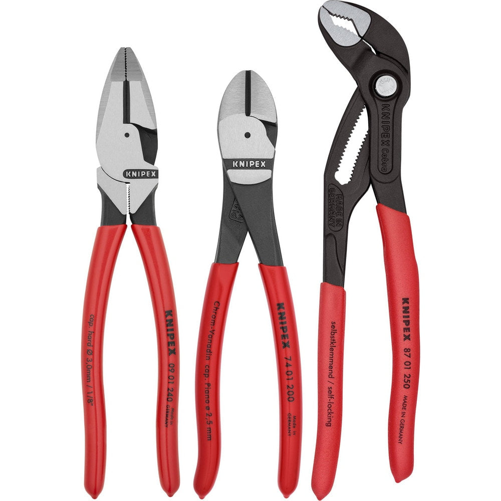 Plier Sets; Plier Type Included: Lineman's Pliers, High Leverage Diagonal Cutter, Cobra Water Pump Pliers; Container Type: None; Handle Material: Plastic, Non-Slip Plastic; Includes: 74 01 200, 87 01 250, 09 01 240; Insulated: No; Tether Style: Not Tethe