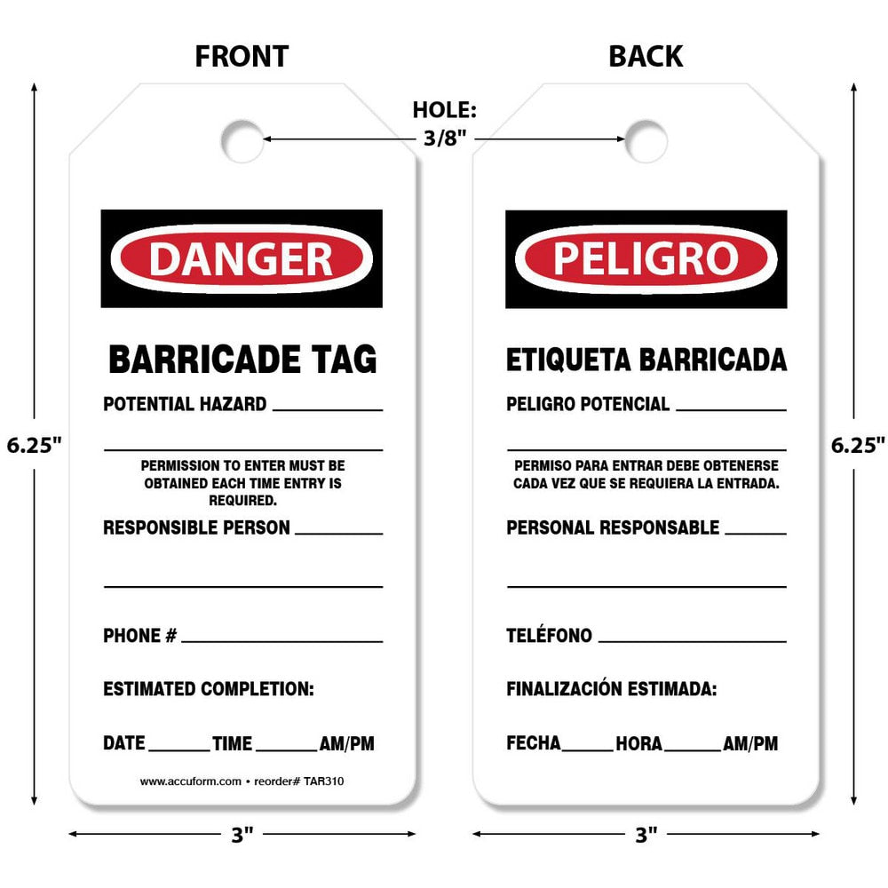 Accident Prevention Tag: Rectangle, 6-1/4" High, Synthetic Paper, "DANGER"