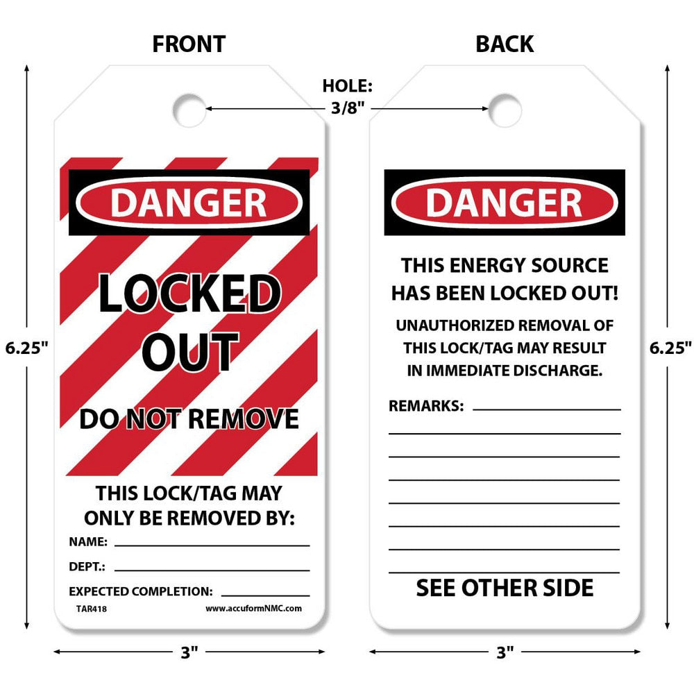 Lockout Tag: Rectangle, 6-1/4" High, Synthetic Paper, "DANGER"