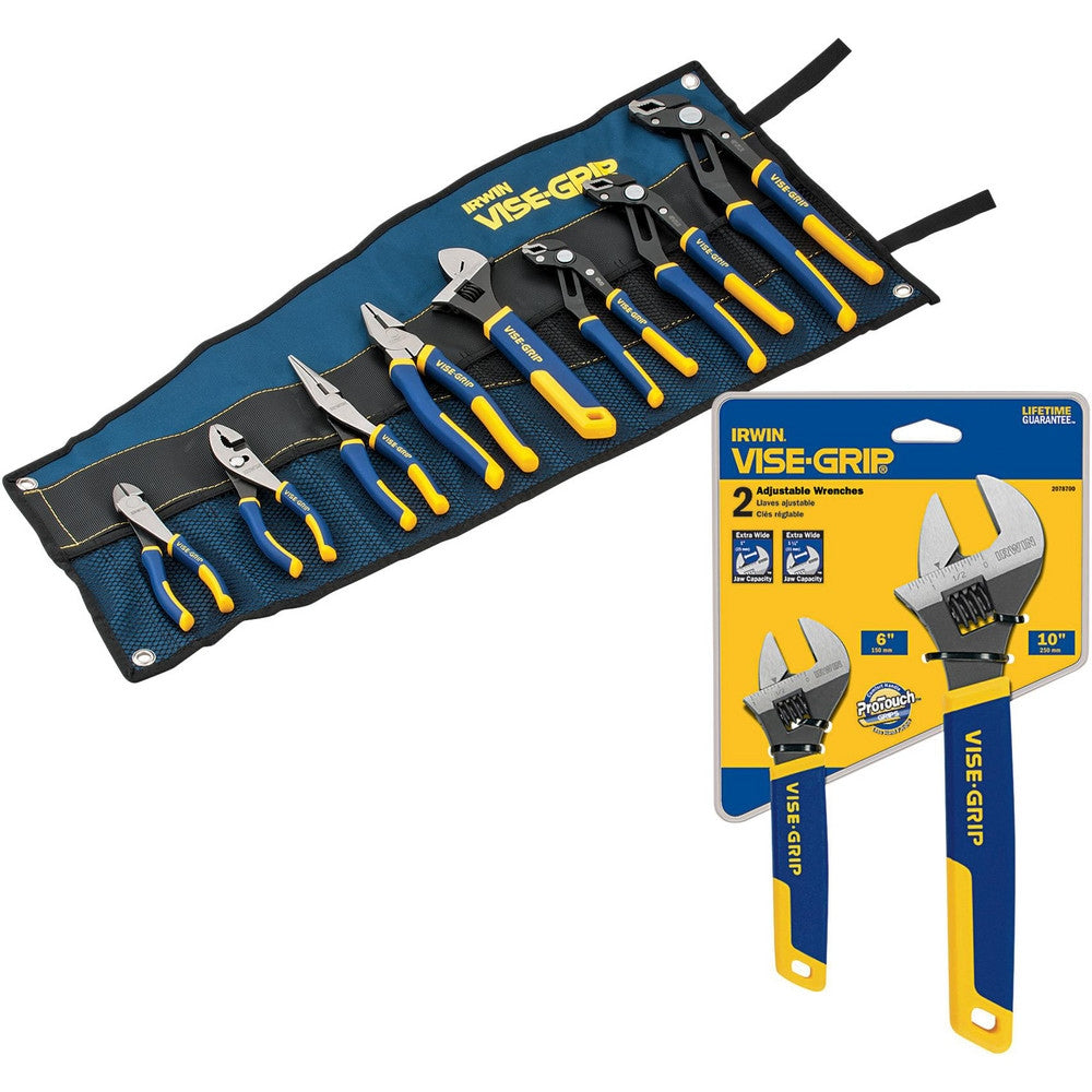 Plier Sets; Plier Type Included: Assortment; Container Type: Tool Roll; Handle Material: Plastic; Includes: 8, 10 & 12 in Groove Joint, 8 in Long Nose, 2 Pc. 6 & 10" Adjustable Wrench Set, 10 in Adjustable Wrench, 8 in Lineman's, 6 in Slip Joint, 6 in Dia