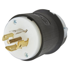 Locking Devices, Twist-Lock, Industrial, Male Insulgrip Plug, 20A 3-Phase 277/480V AC, 4-Pole 5-Wire Grounding, L22-20R, Spring Terminal, Black and White Nylon.